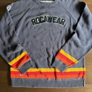 Vintage Rocawear y2k Baggy Spell Out Knit Sweater Blue Yellow Red Striped